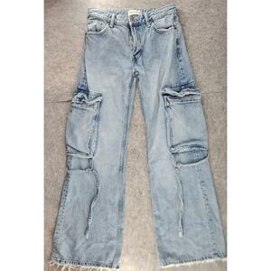 ZARA Light Wash Cargo Utility Raw Hem Wide Leg Denim Jeans Womens USA 2